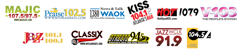 Logos of the partner Atlanta radio stations: Majic, Praise 102.5, WAOK, KISS 104.1, Hot 107.9, V-103, Smooth Jazz, Classix, Streetz 94.5, Jazz 91.9 WCLK and 104.5 FM
